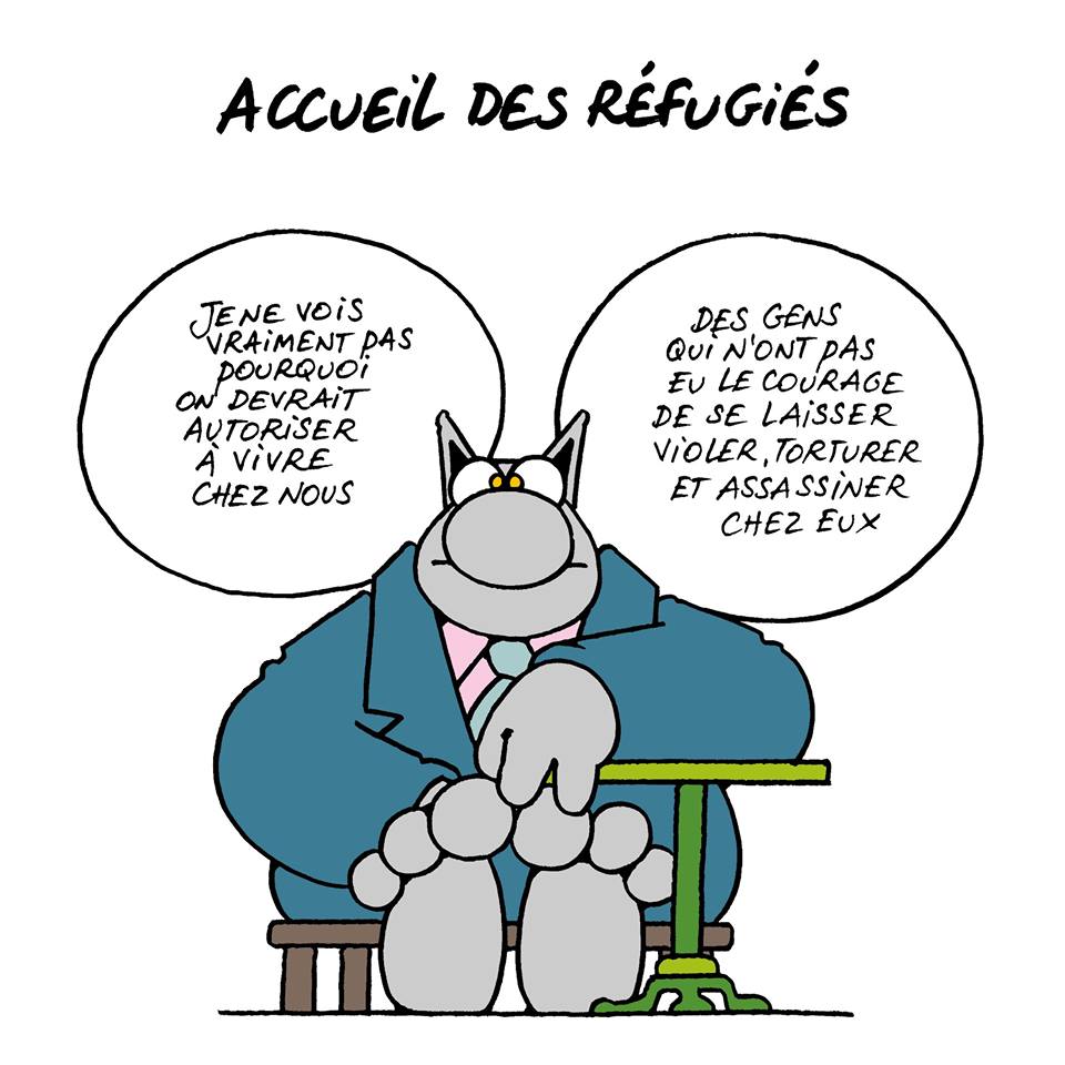 dessin Geluck "je ne vois vraiment pas pourquoi on devrait autoriser à vivre chez nous, des gens qui n'ont pas eu le courage de se laisser violer, torturer et assassiner chez eux"