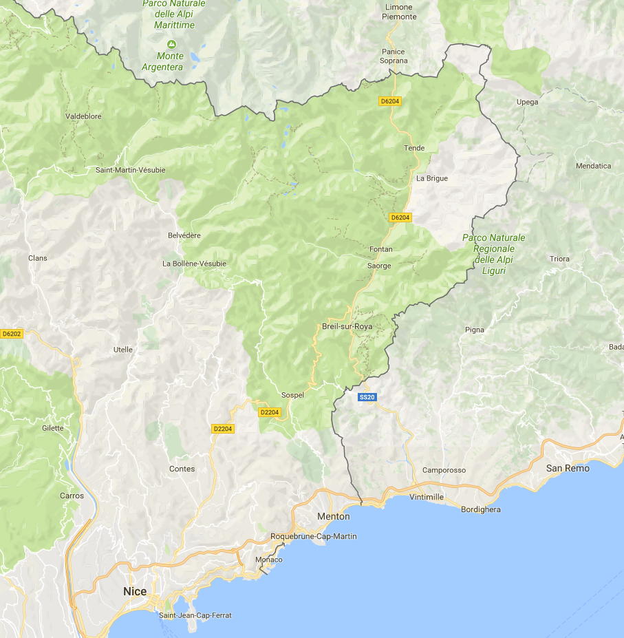 carte de la frontière Italie - France au Nord de Menton - Vintimille