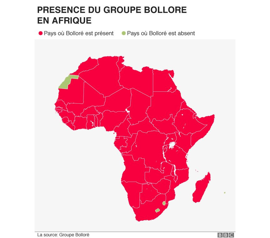 présence du groupe Bolloré en Afrique (toute la carte sauf un tout petit point...)